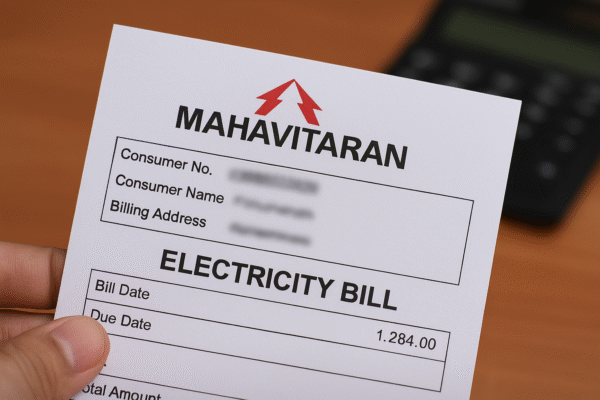 A close-up of a Mahavitaran electricity bill held in hand, showing consumer details and billing information.