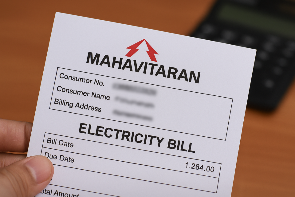 A close-up of a Mahavitaran electricity bill held in hand, showing consumer details and billing information.