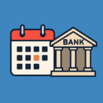 Digital illustration of a calendar and a classical-style bank building, symbolizing bank holidays or financial scheduling.