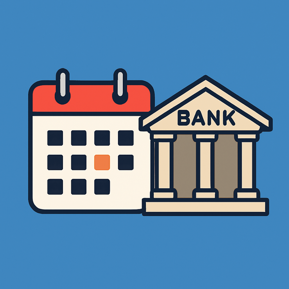 Digital illustration of a calendar and a classical-style bank building, symbolizing bank holidays or financial scheduling.