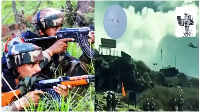 A soldier stands guard on a mountain road in Pahalgam after a deadly attack, with a burnt bus and debris scattered around.