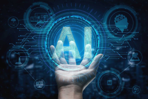 Illustration showing the impact of AI on company workers—one side with employees working at desks, the other with robots and automation systems replacing them, symbolizing job displacement in a corporate office setting.