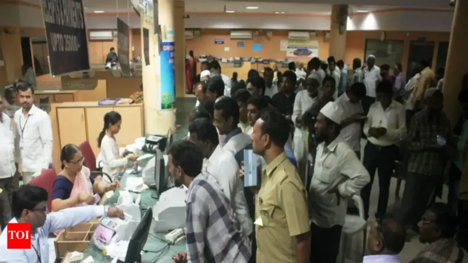 Illustration of Indian bank buildings surrounded by coins and rupee symbols, symbolizing rising ₹9000 crore bank charges.