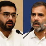 A digital photograph captures two Indian politicians, Rohan Jaitley and Rahul Gandhi, engaged in a heated debate, each speaking at a microphone.