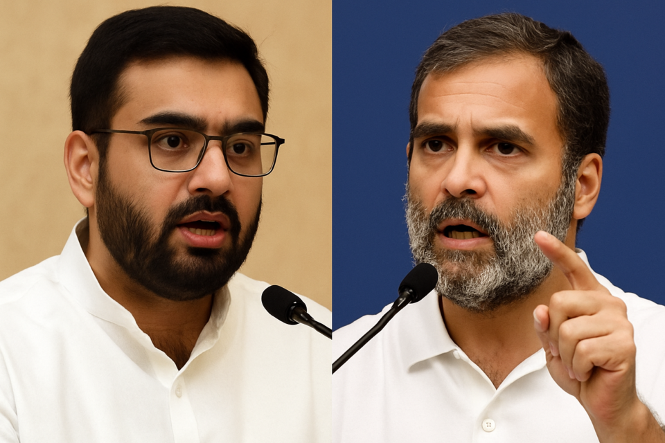 A digital photograph captures two Indian politicians, Rohan Jaitley and Rahul Gandhi, engaged in a heated debate, each speaking at a microphone.