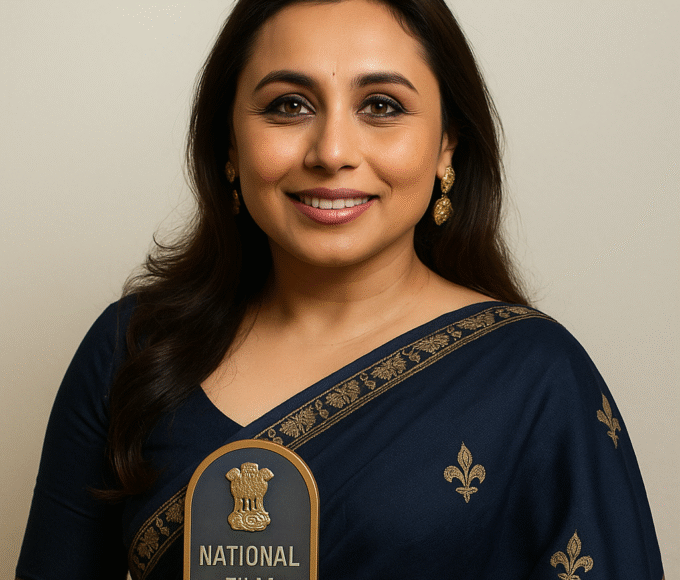 Alt text: Rani Mukerji smiling in a navy blue sari with golden embroidery, holding her National Film Award trophy against a plain background.