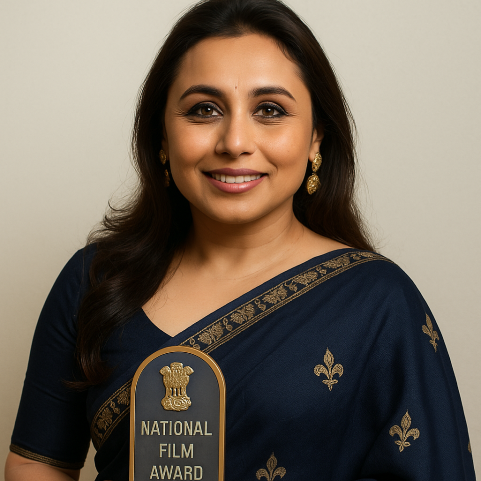 Alt text: Rani Mukerji smiling in a navy blue sari with golden embroidery, holding her National Film Award trophy against a plain background.