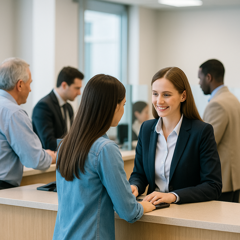 A photograph of a modern bank interior showing customers interacting with bank employees at service counters during the daytime.