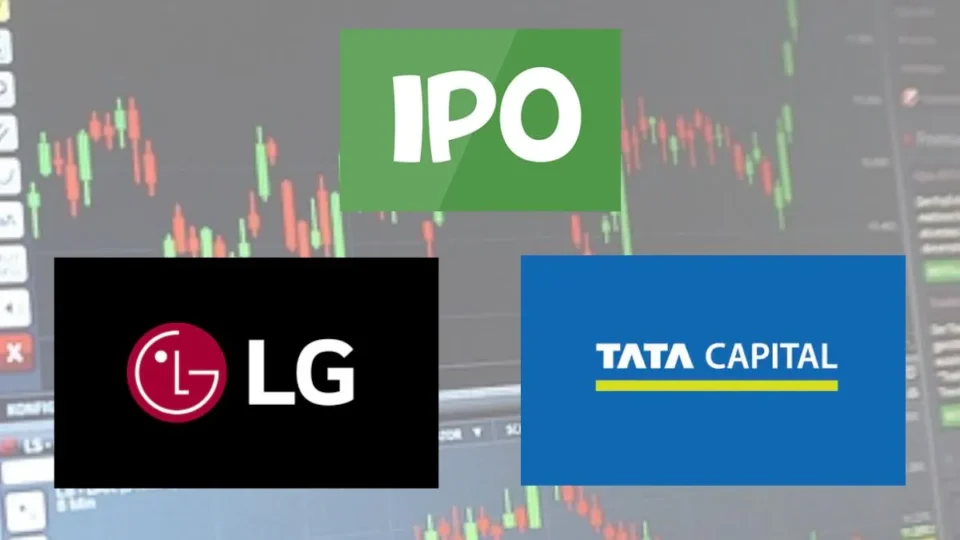 LG vs Tata Capital IPO comparison with stock market chart background