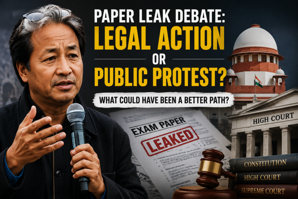 Sonam Wangchuk with Supreme Court and exam paper leak illustration representing the debate over legal action versus public protest.