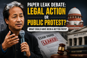 Sonam Wangchuk with Supreme Court and exam paper leak illustration representing the debate over legal action versus public protest.