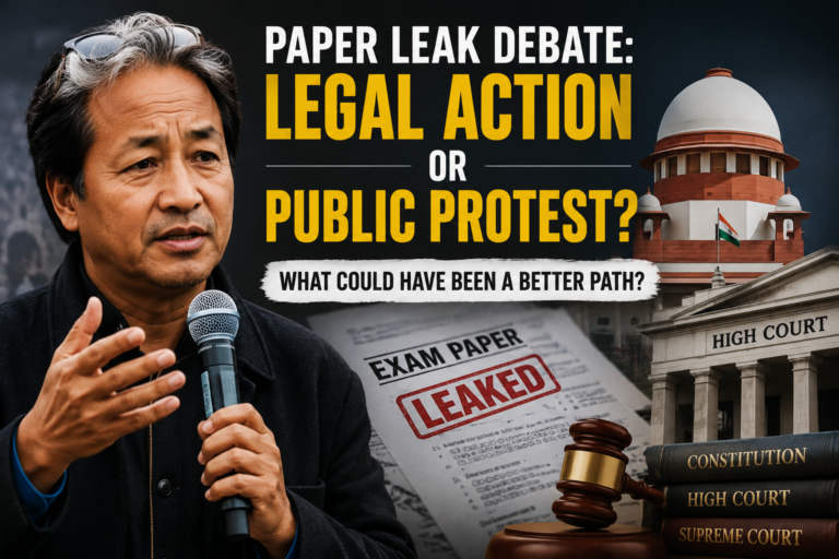 Sonam Wangchuk with Supreme Court and exam paper leak illustration representing the debate over legal action versus public protest.