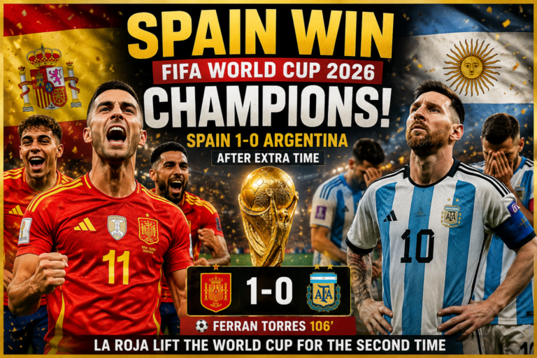 Spain celebrate after defeating Argentina 1-0 in the FIFA World Cup 2026 Final with Ferran Torres scoring the winning goal in extra time.